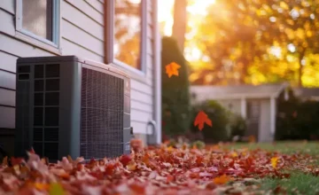 An autumn scene showcasing the side yard of a home. The home has white/light grey siding and an AC Condenser sits next to the home, flanked by falling orange and yellow leaves from nearby trees. The sun is shining out of frame towards the top center of the photo, casting a golden warm-tone glow from the center on outward in the background of this scene.